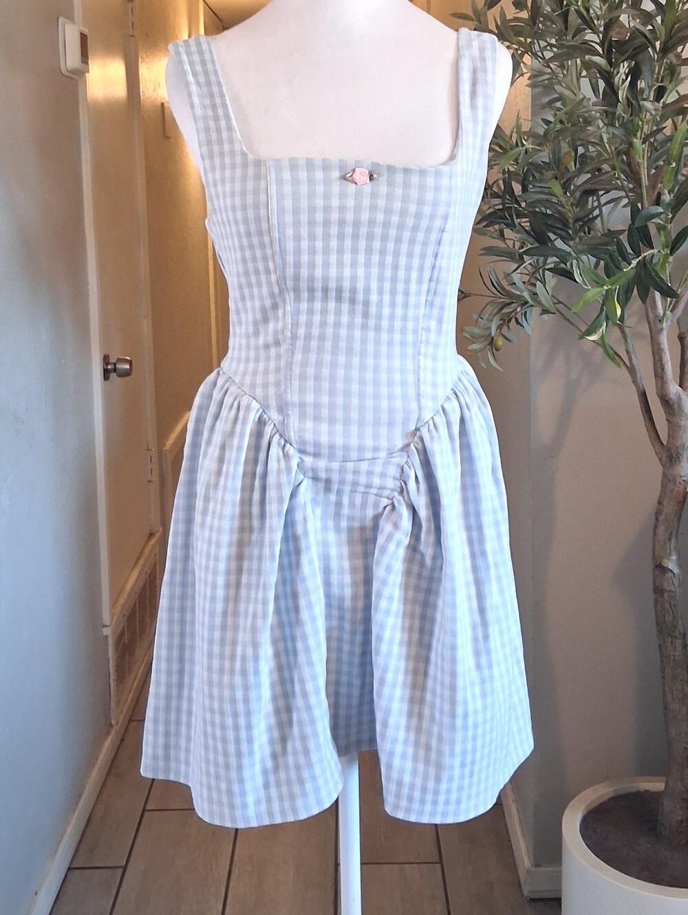 Iris Gingham Square Neck Mini Dress SzS Ligh Blue/White Sleeveless Renaissance
